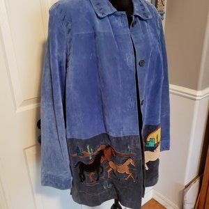 Quacker Factory Jacket/Coat Leather Suede Horse Blue Buttons Lined Size L